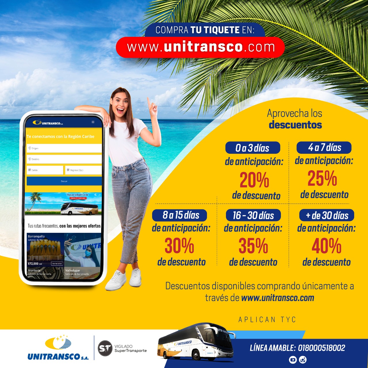 COMPRA TIQUETE CON ANTICIPACIÓN RECIBE HASTA EL 40% | Pasajes | Tiquetes | Unitransco | Colombia